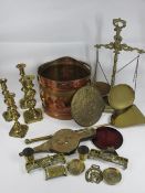 BRASS & COPPER - coal scuttle, scales, bellows, candlestick, ETC