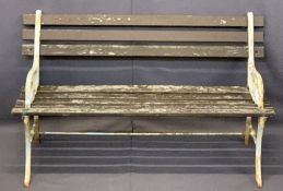 WOODEN SLATTED GARDEN BENCH with cast iron ends, 70cms H, 122cms W, 41cms seat D