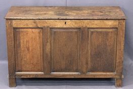 CIRCA 1830 OAK BLANKET CHEST - the two plank lift-off lid opening to reveal an interior candle