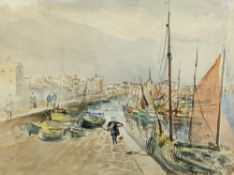 P RASMUSSEN watercolour/mixed media - busy quayside scene entitled verso 'Le Sables D'Olonne', 27