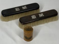 BALA MAUCHLINE WARE CYLINDRICAL BOX & COVER and two white metal initial mounted hardwood clothes