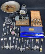 VINTAGE POSTAL SCALES & WEIGHTS and another set of scales and weights. Also souvenir spoon