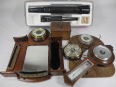 TREEN - hall mirror with barometer and brushes, other barometers and treen items. Also, a boxed