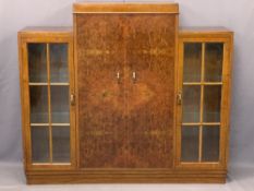 ART DECO SIDE BY SIDE BURR WALNUT CABINET having twin central doors with interior shelving flanked