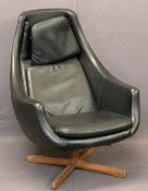 MID-CENTURY BLACK LEATHER EFFECT SWIVEL ARMCHAIR - 99cms H, 74cms W, 51cms seat D