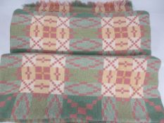 TRADITIONAL WELSH WOOLLEN BLANKET - mainly green and pinks with tasselled ends, 230 x 205cms