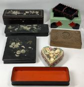 VINTAGE BOXES (6) to include a Victorian papier mache glove box and similar handkerchief box