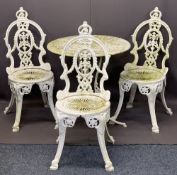 VINTAGE CAST METAL GARDEN TABLE & THREE CHAIRS - painted white, 66cms H, 68cms diameter and 91.