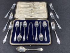 SILVER SUGAR TONGS, 3 PAIRS, cased EPNS teaspoons and tongs set, six pastry forks, ETC, Birmingham
