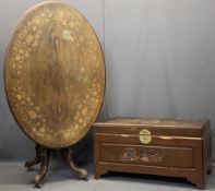 VICTORIAN INLAID WALNUT LOO TABLE and a Chinese camphorwood chest, 73.5cms H, 118.5cms L, 83cms W