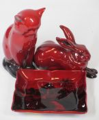 ROYAL DOULTON FLAMBE, 3 ITEMS to include an 11 x 9.5cms dish depicting a rural path up to a church