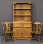 NEATLY PROPORTIONED MODERN PINE EFFECT DRESSER and two spindle farmhouse chairs, 173cms H, 91cms