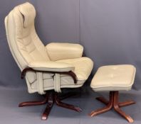 STRESSLESS STYLE SWIVEL/RECLINING ARMCHAIR and matching foot stool, leather/PVC, 102cms H, 75cms