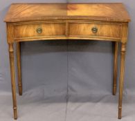 REPRODUCTION MAHOGANY REGENCY STYLE TWO DRAWER SIDE TABLE - crossbanded top with concave front on