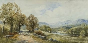 HENRY JOHN KINNAIRD watercolour - track near a river with farmer and sheep, signed and entitled '