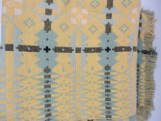 TRADITIONAL WELSH WOOLLEN BLANKET - ground yellow with greens and black, tasselled ends, 207 x