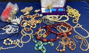 VINTAGE BEADWORK NECKLACES, Althorp cased fountain and ballpoint pen set and two miniature clocks,