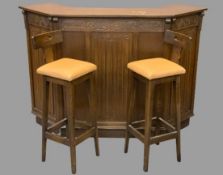 PRIORY STYLE OAK BAR and two Jaycee bar stools, the open back bar with lower twin cupboard doors