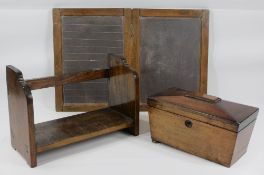 TREEN - rosewood sarcophagus tea caddy on bun feet, 14cms H, 22cms W, 12cms D, small bookshelf and a