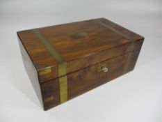 ANTIQUE WALNUT WRITING SLOPE - brass bound with key, 15.5cms H, 40cms W, 24cms D