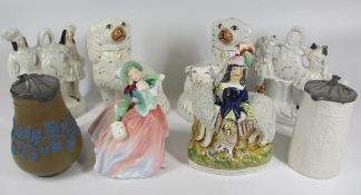 STAFFORDSHIRE FLATBACKS, pair of dogs, Royal Doulton figurine Autumn Breezes HN1911 and two pewter