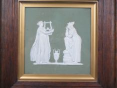 WEDGWOOD JASPERWARE (presumed) PLAQUE IN GREEN within an oak frame, 36cms H, 36cms W