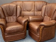 STYLISH ITALIAN MADE BROWN LEATHER EFFECT THREE PIECE LOUNGE SUITE consisting of three seater couch,