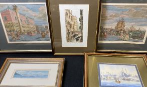 E ERIP watercolour - continental harbour scene with rowing boat to the foreground, 12.5 x 19 cms.