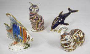 ROYAL CROWN DERBY PAPERWEIGHTS (4) - with gold stoppers, a dolphin, fish (with certificate) and