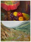 SCOTTISH SCHOOL oil on board - Still Life - fruit bowl and a table lamp, signed 'Logan', 59 x