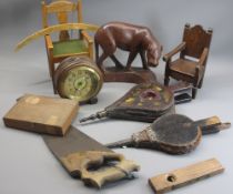 MIXED TREEN COLLECTION to include two miniature armchairs, carved leopard, vintage bellows (2),