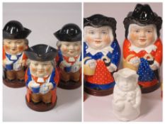 ROYAL WORCESTER TOBY JUGS, A PAIR - Jolly Drinker, circular based with hats as lids, 14.5cms H, pink