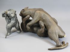 SPELTER MODEL STANDING BEAR WITH STAFF, 20cms H and a pottery model of fighting cats