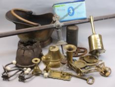 BRASSWARE - Spit, old school type bell, fender, ETC. Also, copper helmet coal scuttle and a shire