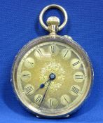 LADY'S 14CT GOLD FOB WATCH - finely decorated with gold dial, floral centre and Roman numerals,