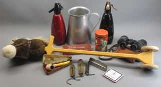 MIXED COLLECTABLES - a Merrythought hobby horse, vintage soda syphons, brass pocket balances, modern