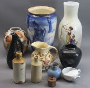 ROYAL DOULTON LARGE BLUE CHILDREN VASE - 31cms tall and a continental Milk glass vase with a scene