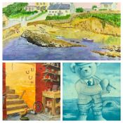 MIKE CARTER oil on board - Bull Bay coastal scene with figures and boats, signed, 24 x 30cms and