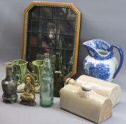 BLUE & WHITE IRONSTONE TOILET JUG, Sylvac vases, a pair, 15cms tall, an old soda bottle with ball