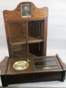 PENDULUM WALL CLOCK, oak cased and a single glazed door antique cupboard with inlaid and poker