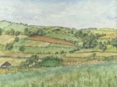 AUDREY LONDON watercolour - rural hillside with farm buildings, signed, 26 x 36cms