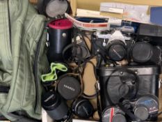 MIXED CAMERA EQUIPMENT & LENSES, boxed aluminium field tripod and a pair of cased Swift Grand Prix