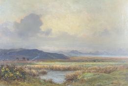 JOSIAH CLINTON JONES RCA oil on canvas - cattle on moorland, with steam train and mountains to