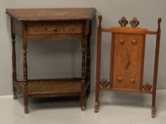 VINTAGE OAK ARTS & CRAFTS STYLE FIRESCREEN, 76cms H, 46cms W and a two tier reproduction oak