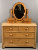 VINTAGE PINE CHEST of two short over two long drawers having later wooden knobs, 75cms H, 108cms