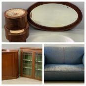 CIRCA 1930's MOQUETTE DROP ARM SOFA, 80cms H, 153cms W, 81cms D, a Victorian mahogany cylindrical