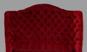 METAL FRAMED BED with curved ornate button back upholstered tall headboard, 140cms H, 160cms W, (bed