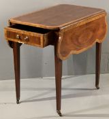 REPRODUCTION CROSSBANDED MAHOGANY TWIN FLAP PARLOUR TABLE, quarter cut veneered top, crossbanded