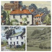 MAURICE A GREENWOOD RCA watercolours, two - townscape with figures walking, signed, 18 x 28cms,