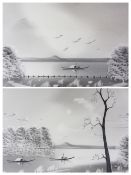 CONTEMPORARY BLACK & WHITE SCREEN PRINTS (2) - possibly Vietnamese, depicting small covered boats
